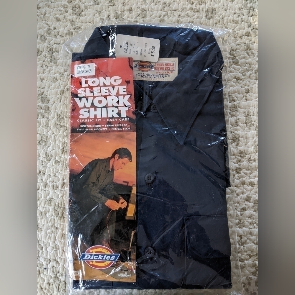 NWT Vintage Dickies Long Sleeve Work Shirt Blue 17/17.5 Scotchgard